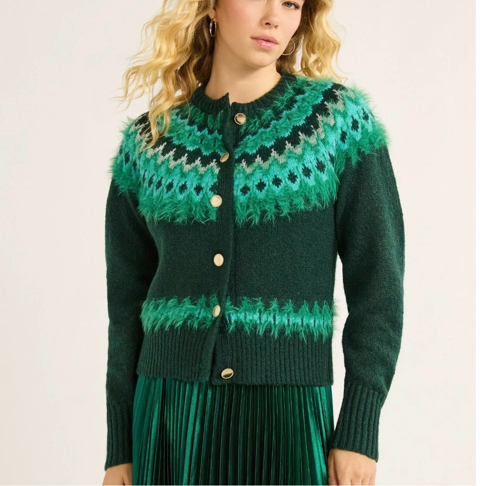 Free Assembly Green Blue Fair Isle Cardigan Sweater Gold Button Women S